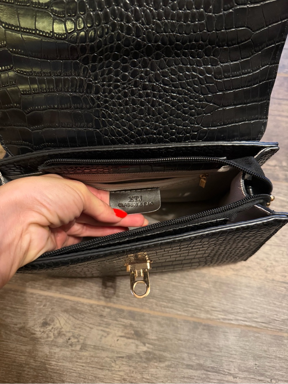 Croc-Embossed Black Top-Handle Satchel with Gold Clasp - Picture 5 of 8
